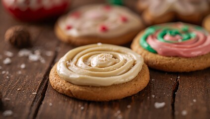 Delightful frosted sugar cookies on rustic wood offer a warm, cozy vibe perfect for holiday baking promotions and sweet treat blog posts with vintage charm