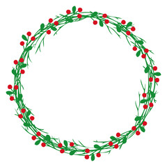 Tiempo de Navidad. Logo con corona navideña circular de ramitas, hojas y bayas de muérdago o acebo para tarjetas y felicitaciones