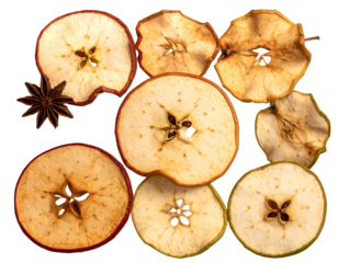 Close-up of dried apple slices and star anise on black, rustic food styling