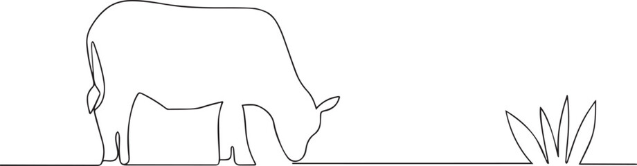 Cow eating grass one continuous line art, Vector illustration, One line art, Line art graphic style