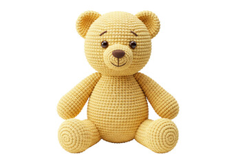 Isolated handmade plush bear in neutral colors, soft toy for children, knitted plush animal