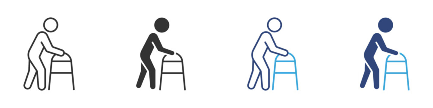 Elderly  Person Using a Walker for Mobility Assistance icon set, vector illustration . 