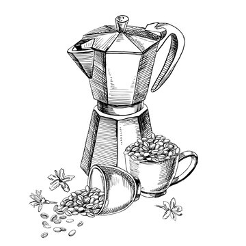 coffee maker, beans, cups, sketch clip art preview