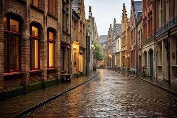 Obraz premium Wet cobblestones reflecting warm lights from windows and street lamps illuminate a deserted street in the historic city center of bruges, belgium, on a rainy day