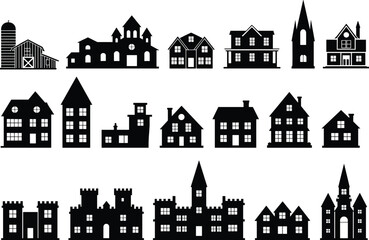 Architectural silhouette set, rural barns, residential homes, churches and castles, black vector icons, diverse building styles for design inspiration © Hadiul