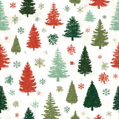 Obraz premium A festive winter holiday pattern showcases colorful vintage Christmas trees and snowflakes on a textured off white background design perfectly.