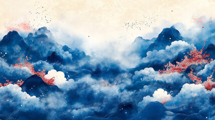 花をモチーフにした日本の伝統文様を織り交ぜた和柄イラスト、商用にも適した装飾パターン背景