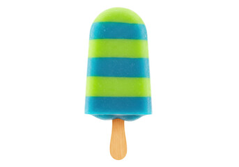 Isolated striped popsicle with green and blue hues, frozen dessert, refreshing food treat