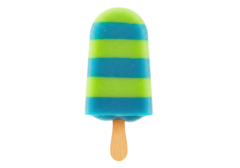 Isolated striped popsicle with green and blue hues, frozen dessert, refreshing food treat