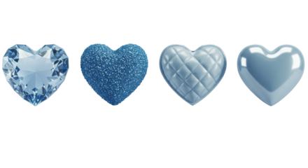 Five distinct blue hearts, showcasing unique textures—faceted, glitter, matte, quilted, glossy—arranged horizontally on a transparent background, concept of love and diversity