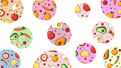 Colorful Food Pattern Circles on Black Background, Fruit and Veggie Flat Design