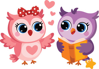Cartoon owl couple with hearts and book, cute vector illustration, love and learning theme, children’s art, whimsical animal design