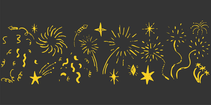 Firework border yellow Chalk hand drawn star blink, firework, glitter silhouette and glowing symbols in sketch style. Doodle border, seamless divider. Confetti grunge simple decoration.