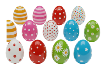 Twelve glossy, 3D rendered chocolate eggs with vibrant stripes, polka dots, daisies, geometric patterns, and stars, on a transparent background, festive Easter and spring celebration concept