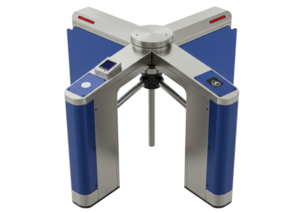 Isolated modern blue entrance turnstile security, access control gate for entry with ID card