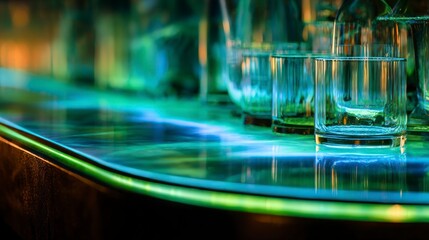 Glowing bar counter with glasses