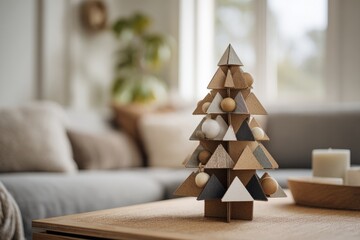 Minimal recycled cardboard Christmas tree in cozy living room