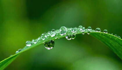 Close-up view of droplets clinging to a blade of grass against a soft, green background