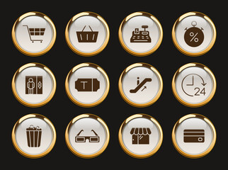 shopping mall gold rimmed icons. shopping mall gold rimmed icon set for web, mobile apps, ui design, print polygraphy and promo advertising business