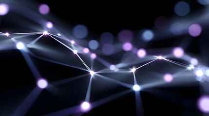 Obraz premium Abstract digital network connections with luminous nodes and bokeh lights on a dark background