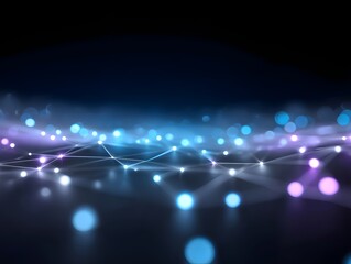 Fototapeta premium Abstract futuristic network of glowing blue and purple nodes and lines with soft bokeh effects