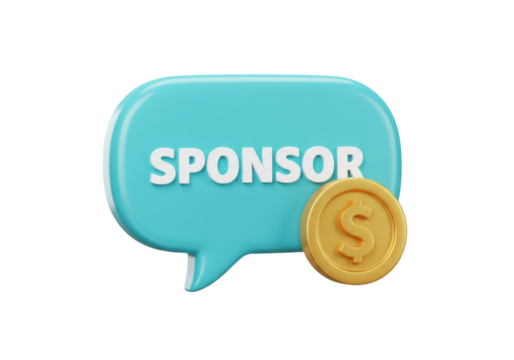 Isolated blue speech bubble with sponsor text and gold coin, support marketing render