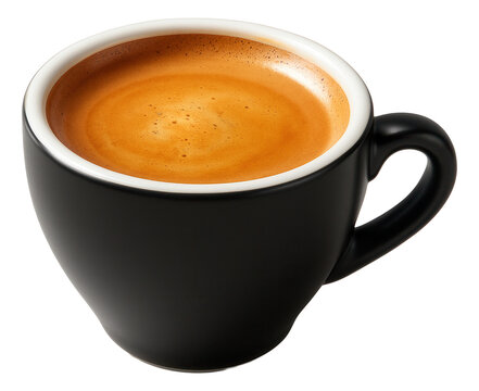 Espresso doppio in a sleek black demitasse with a thick crema layer