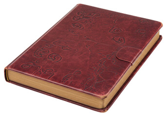 Fototapeta premium Isolated journal with embossed red leather cover and golden pages on a neutral base