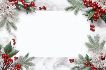 Festive christmas background with holly berries, pine branches, and blank paper on a marble surface, creating a perfect holiday setting