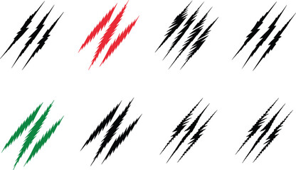 Claw mark vector set, jagged slash designs, red green black variations, aggressive graphic elements, diagonal damage motif, edgy illustration, dynamic pattern collection