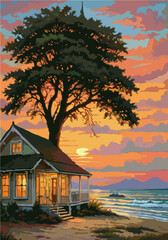 Countryside cottage beneath red sunset sky