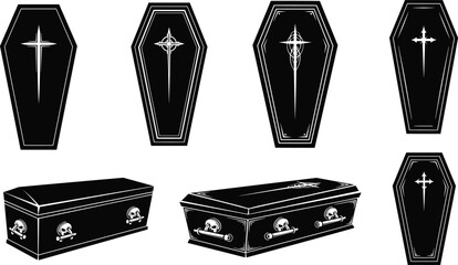 Coffin vector set, black silhouette icons, cross and skull motifs, spooky funeral design, Halloween theme, gothic graphic, stock illustration