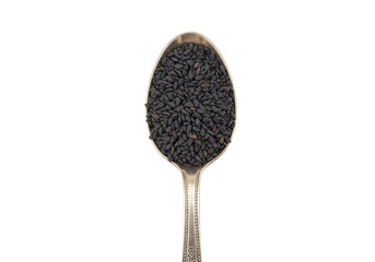 Isolated Spoon of Black Sesame Seeds Rich in Minerals and Vitamin B, Culinary Ingredient