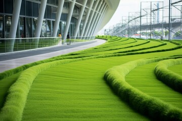 Obraz premium Lush green grass growing in wavy patterns on a terrace in a modern city park, creating a serene and natural landscape