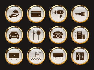 hotel gold rimmed vector icons. hotel icon set for web, mobile apps, ui design and print