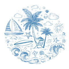 Summer beach scene with palm trees, sailboat, and waves in a circle.