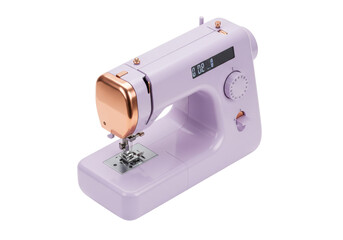 Isolated lilac sewing machine, modern design, for domestic textile tailoring and alteration
