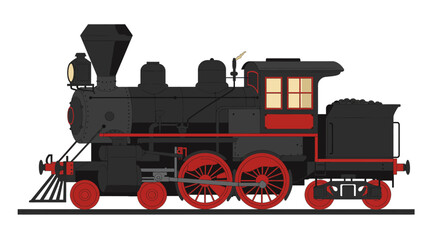 Vintage steam locomotive train on tracks powerful historic transportation machine isolated detail isolated on white background