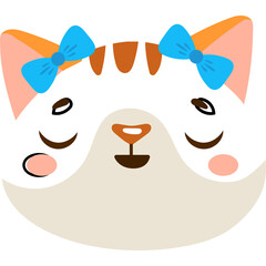 Adorable Cartoon Cat Face With Blue Bows And Closed Eyes Smiling On A White Background