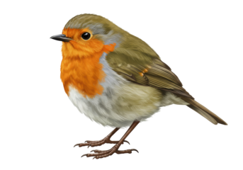 Isolated European robin perching illustration with realistic details, songbird with orange breast