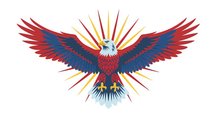 Majestic eagle spreading wings symbolizing freedom strength power and spirituality with radiant sunburst aura isolated on white background