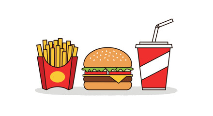 Iconic fast food meal burger fries and soda drink classic american cuisine delicious takeaway combination for food service marketing and advertising isolated on white background