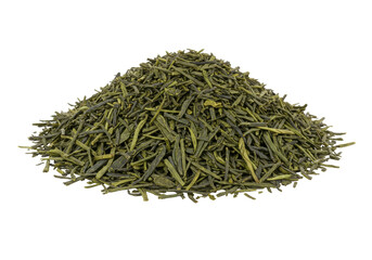 Isolated Sencha tea pile, green tea leaves variety loose, healthy drink, herbal remedy