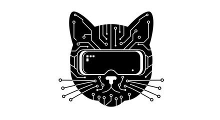 Futuristic cyberpunk cat head with vr goggles integrated circuit design ai technology robot feline futuristic concept isolated on white background