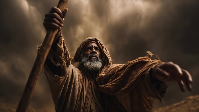 Moses, prophet and servant, wears a robe. Staff in hand, he faces the sea. Miracle stirs. Clouds rise. God speaks. The servant obeys. Faith guides the prophet. Robe flows in divine wind.