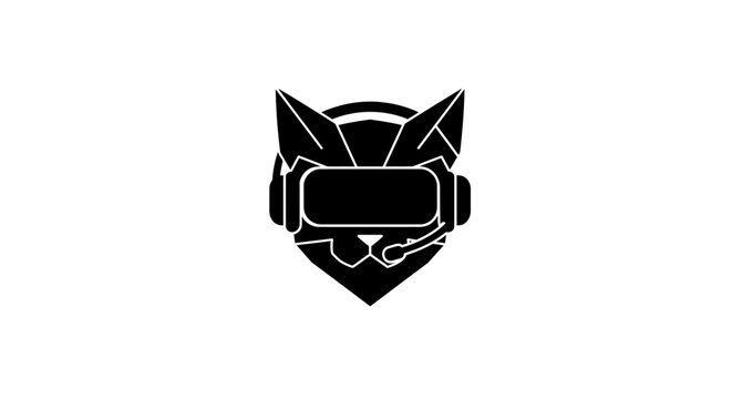 Futuristic cat head wearing virtual reality headset symbol graphic with digital aura symbolizing technology and innovation isolated on white background