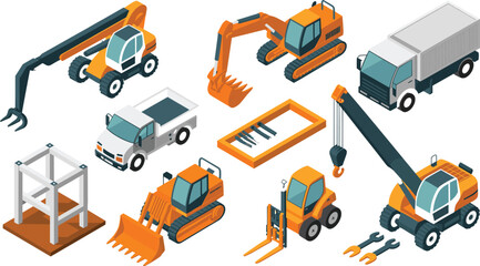 Isometric illustration of construction vehicles and equipment including excavators, cranes, loaders, trucks, bulldozers, and heavy machinery tools © Md