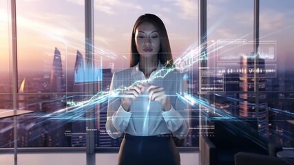 A professional woman analyzes data through a digital interface in a modern urban environment, showcasing her expertise in finance and business analytics during sunset. - Powered by Adobe