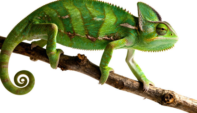 A vibrant green chameleon perched on a tree branch against a white background., transparent background png - Powered by Adobe