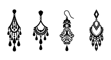 Ornate antique chandelier style dangle earrings set black line art jewelry collection elegant accessories isolated on white background